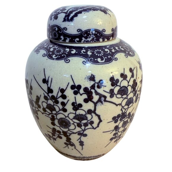 Japanese Ceramic Ginger Jar Pottery Lid VTG Blue Floral Cherry Blossom Storage - Picture 2 of 14